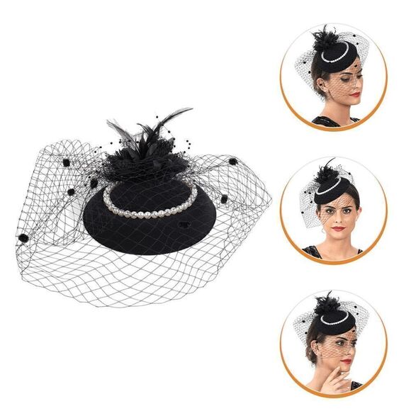 🖤 Pinup Accessory 1950s Retro Vintage Fascinator Black Pillbox Pearl Veil Hat - Picture 7 of 14